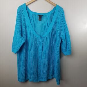 Lane Bryant Sweater Teal Open Knit V Neck 3/4 Sleeve Top Size 22/24